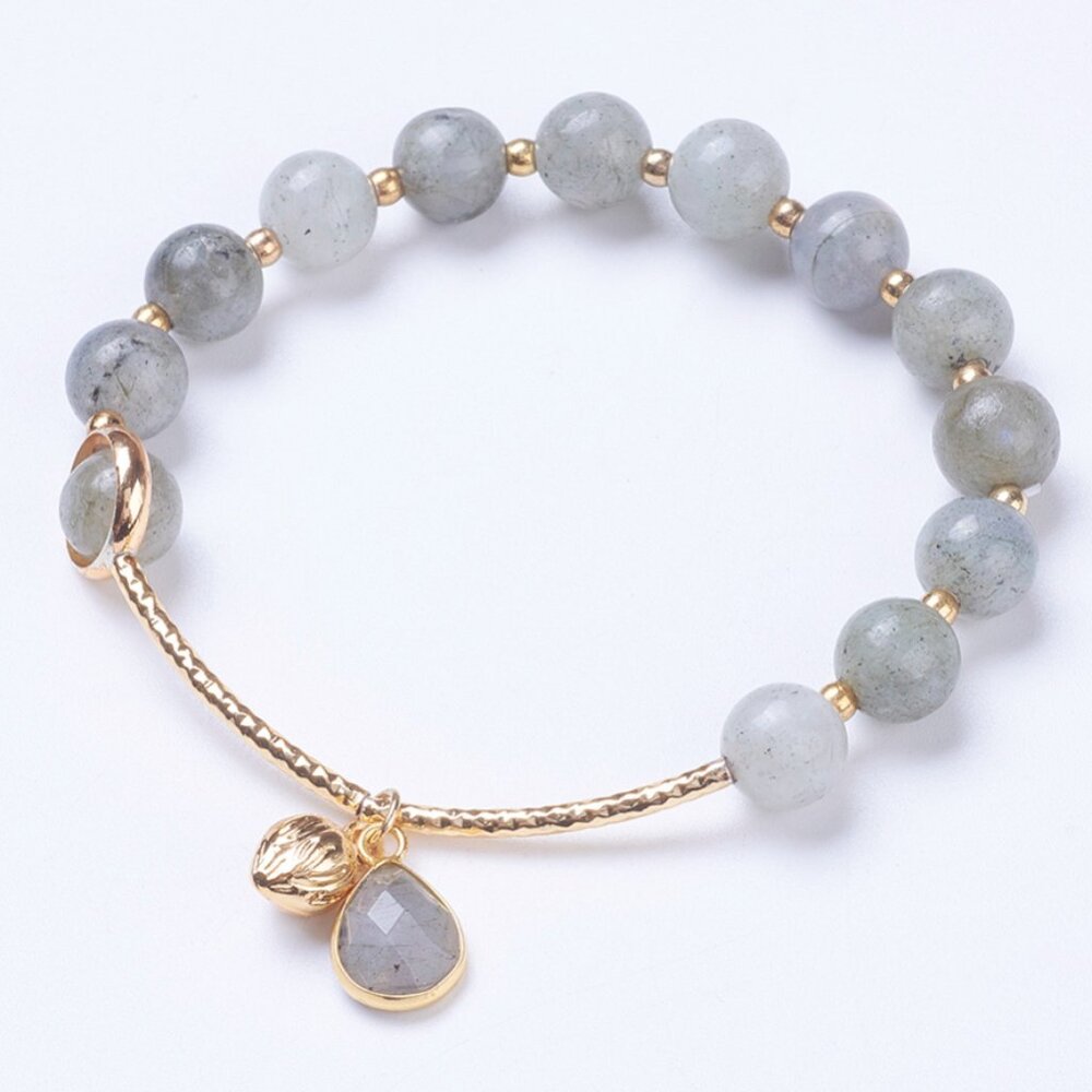 NWOT Natural Gemstone Larvikite Charm Stretch Bracelet, Teardrop Charm Handmade